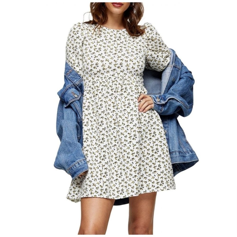 TOPSHOP Ditsy Floral Puff Sleeve Babydoll Mini Dress Sz 2